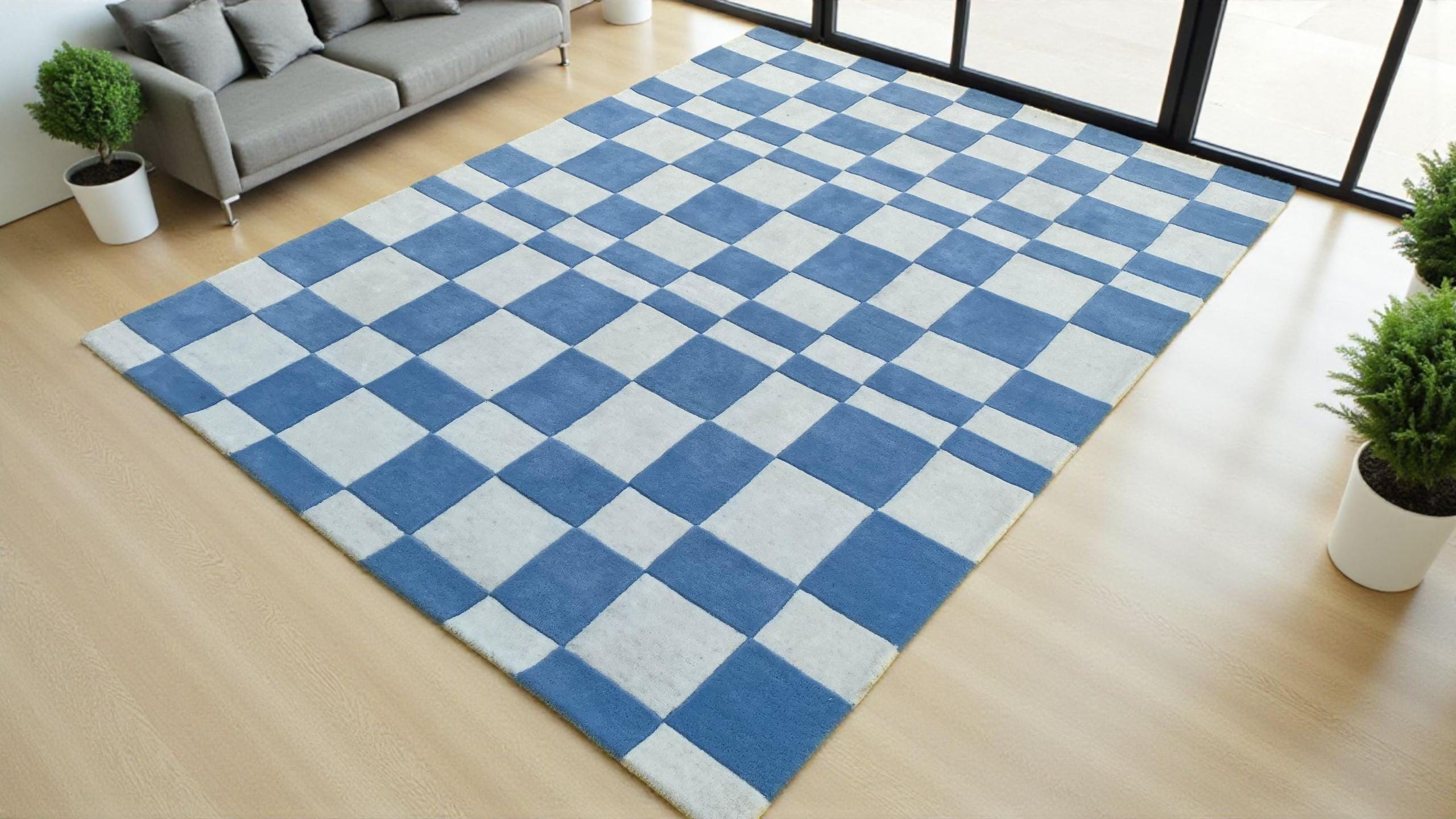 Artisanal Hand-Tufted Wool Rug Asymmetrical Box Pattern Luxurious New Zealand Wool | Textured Living Room Carpet