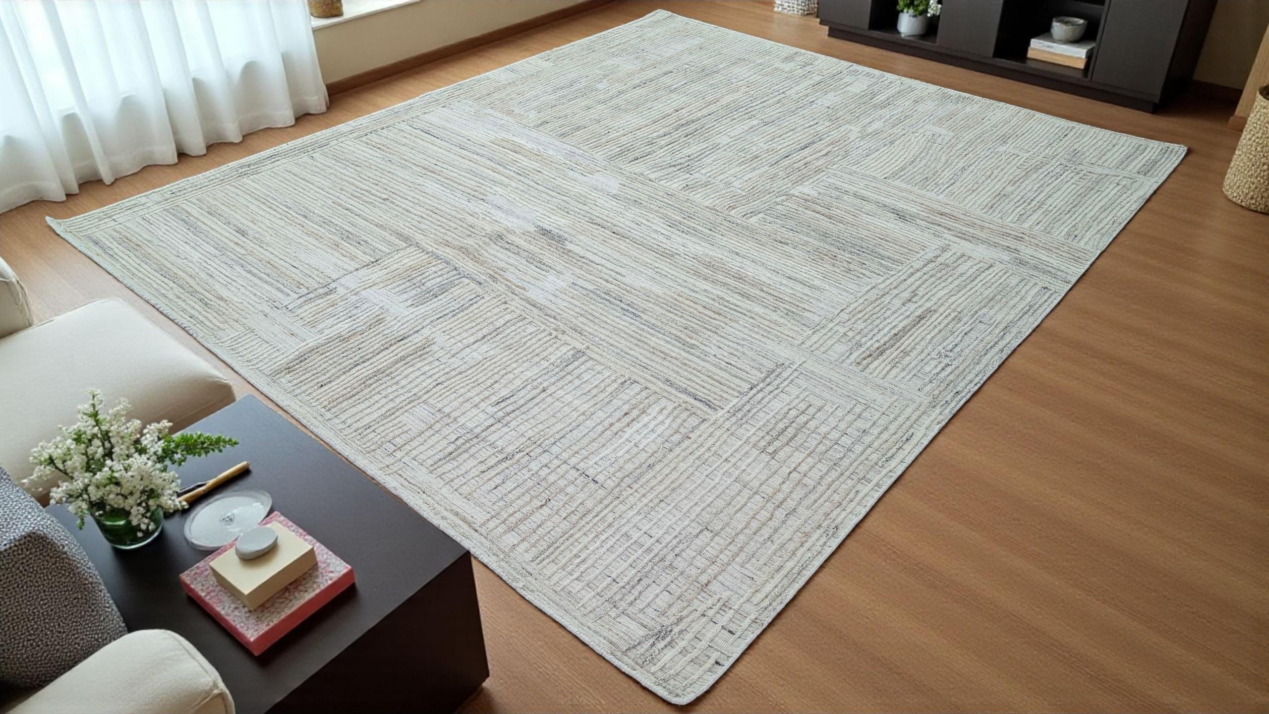 Modern Abstract Design Wool Rug with Hand-Carved Detail, Textured Exquisite Floor Covering, Artisanal Hand-Tufted Carpet