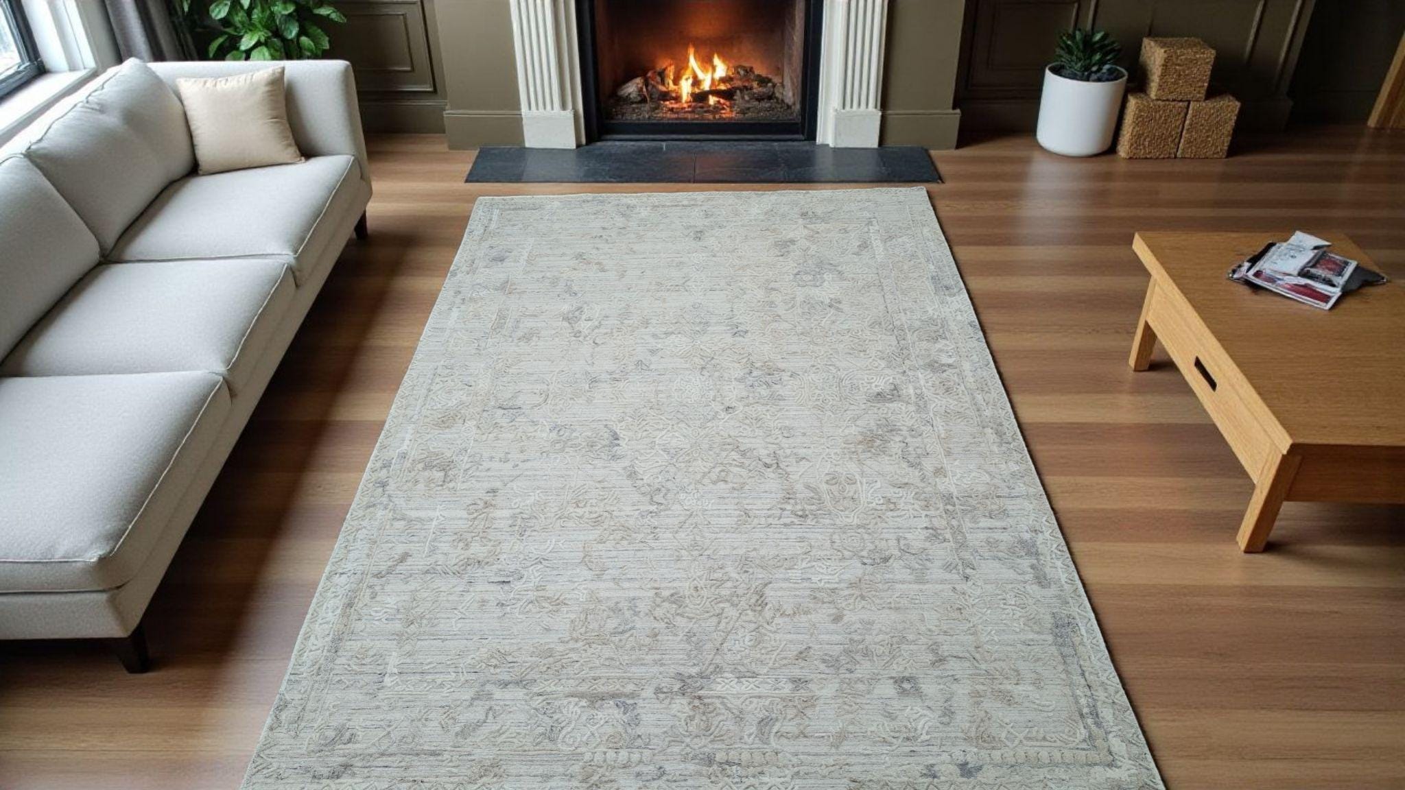 Exquisite Hand-Carved and Hand-Knotted Persian Wool Rug in a Natural Tone.A Modern, Durable, and Handmade Area Carpet