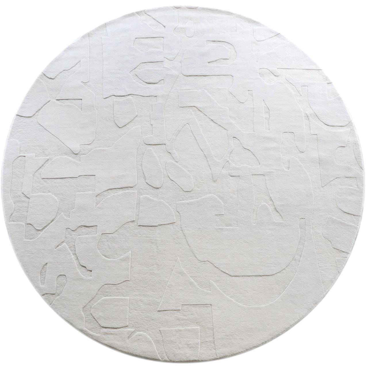 Handmade Round Wool Rug Minimalist High-Low Pile White Area Carpet for Living Room
