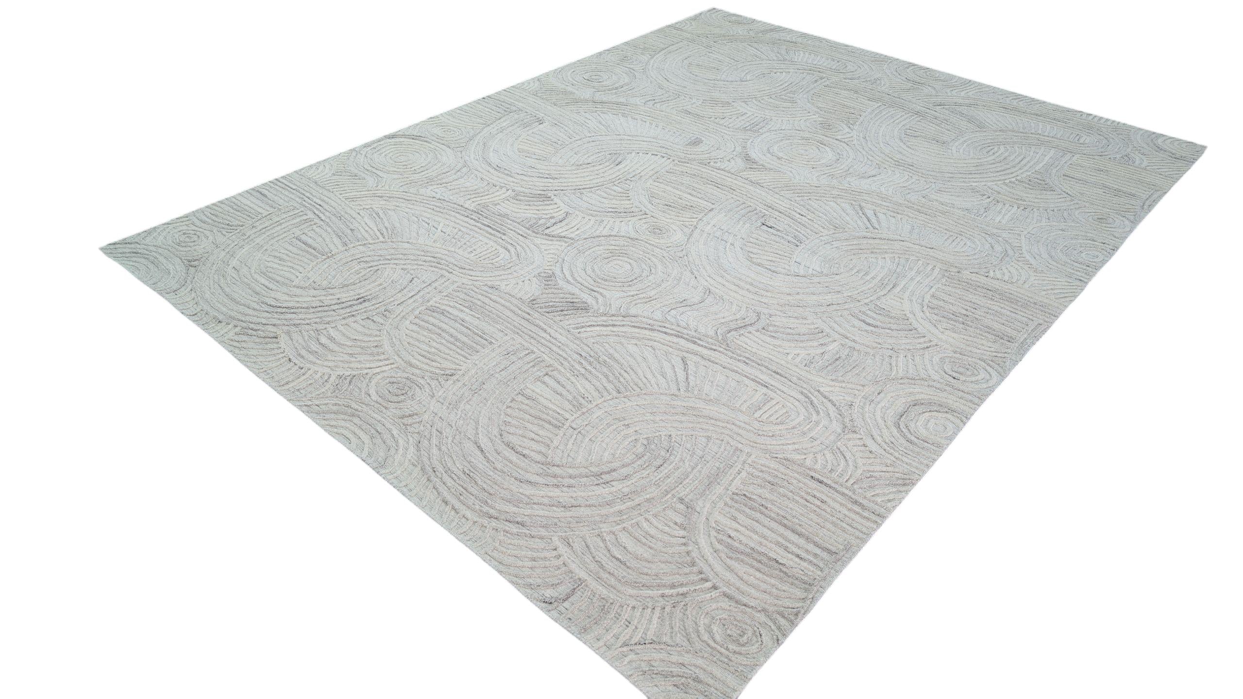 Modern Abstract Design Wool Rug with Hand-Carved Detail, Textured Exquisite Floor Covering, Artisanal Hand-Tufted Carpet