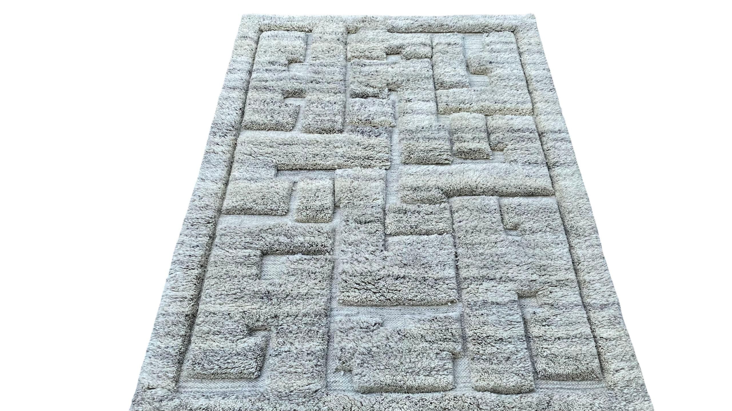Natural Hand-Knotted Woollen Rug High Pile Natural Wool Carpet | Soft and Cozy Shag Rug Moroccan Decor