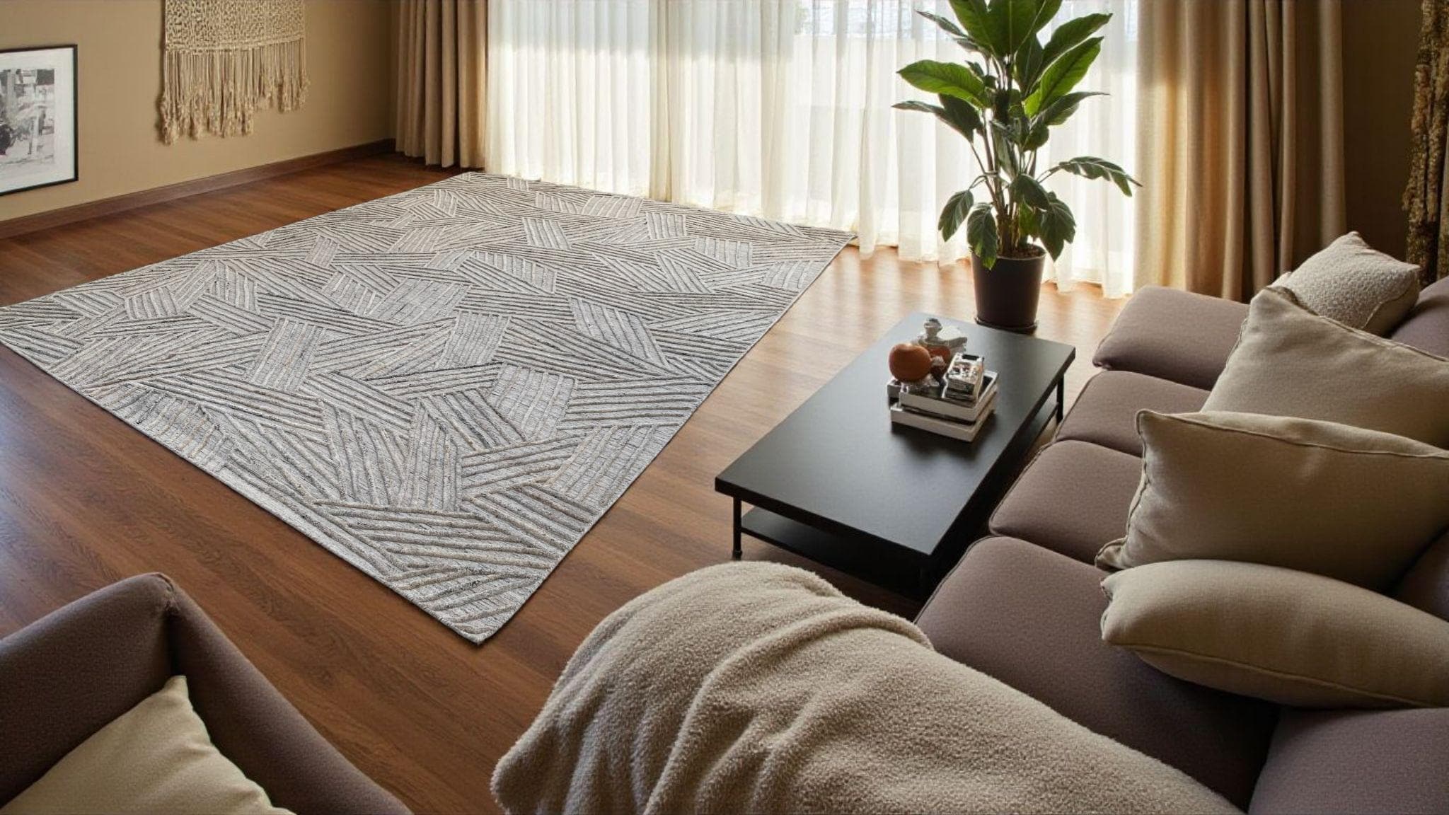 Modern Abstract Design Wool Rug with Hand-Carved Detail, Textured Exquisite Floor Covering, Artisanal Hand-Tufted Carpet