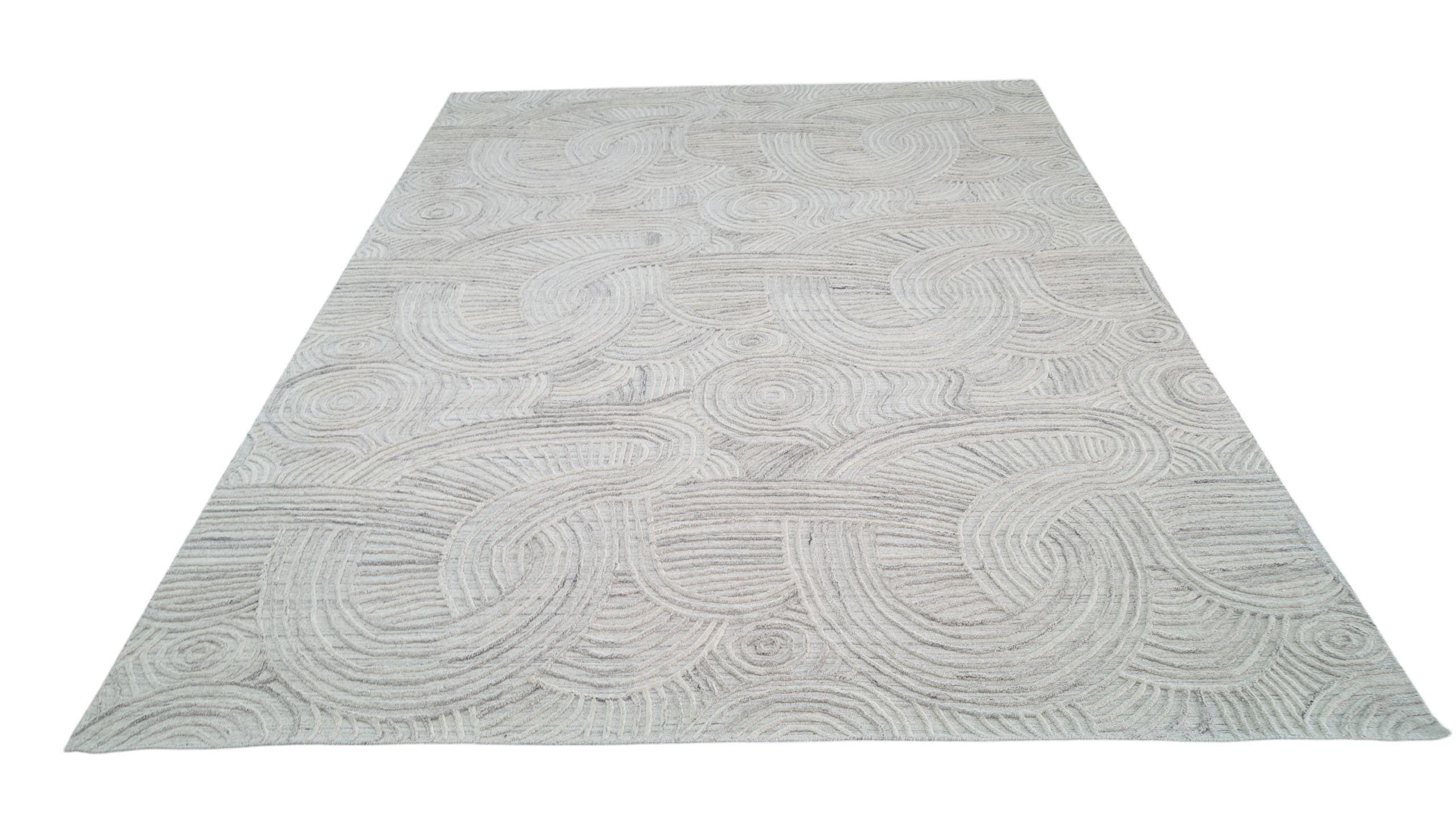 Modern Abstract Design Wool Rug with Hand-Carved Detail, Textured Exquisite Floor Covering, Artisanal Hand-Tufted Carpet