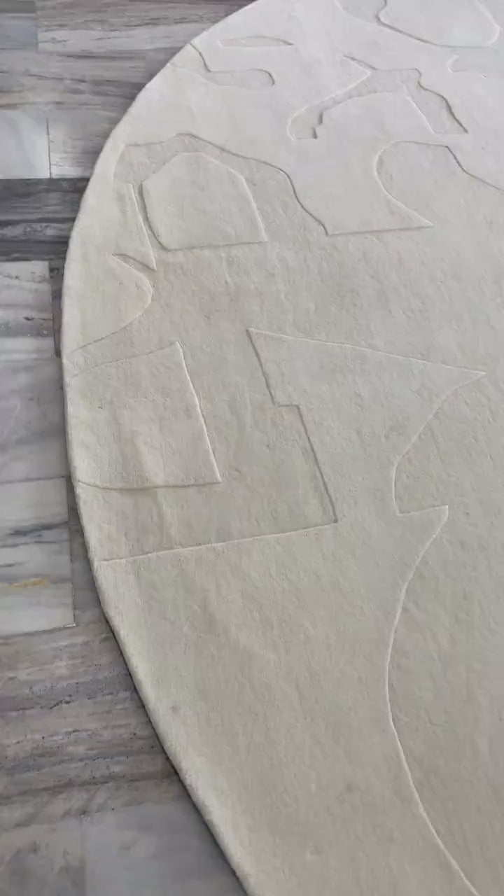 Handmade Round Wool Rug Minimalist High-Low Pile White Area Carpet for Living Room